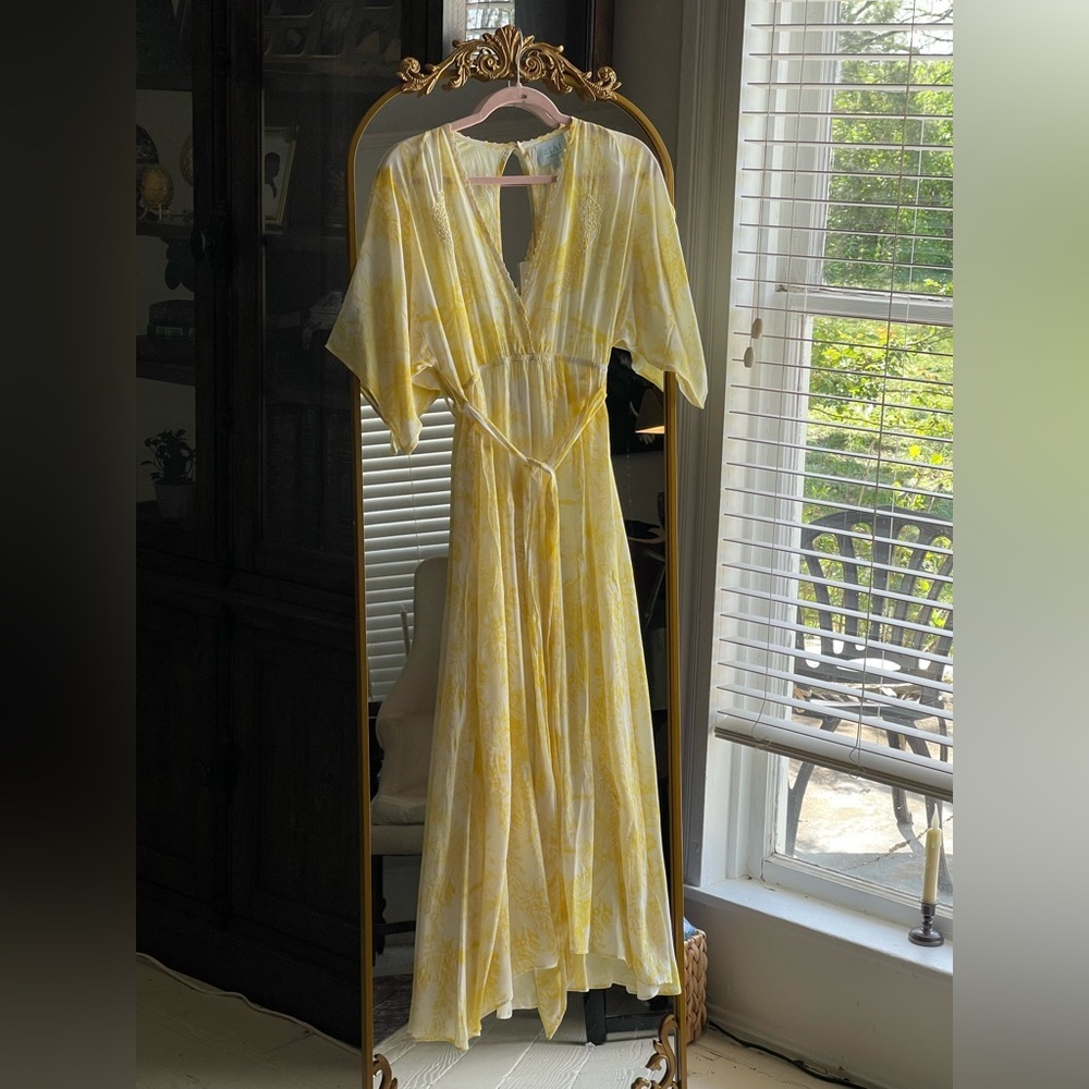 Taj by Sabrina Crippa NWT Yellow Beaded Embroidered Parrot V-Neck Maxi Dress